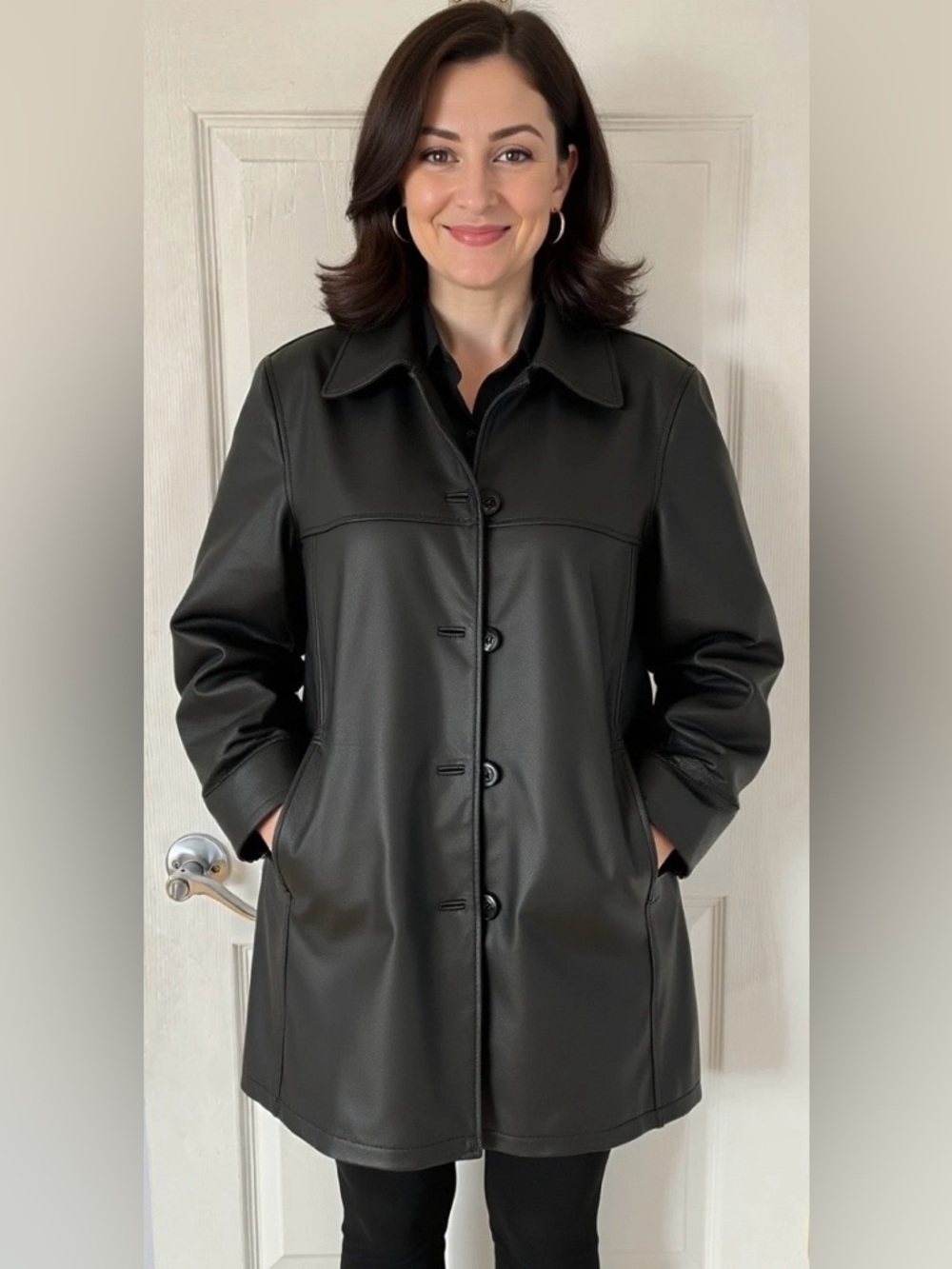 Women's Black Leather Button-Front Jacket
